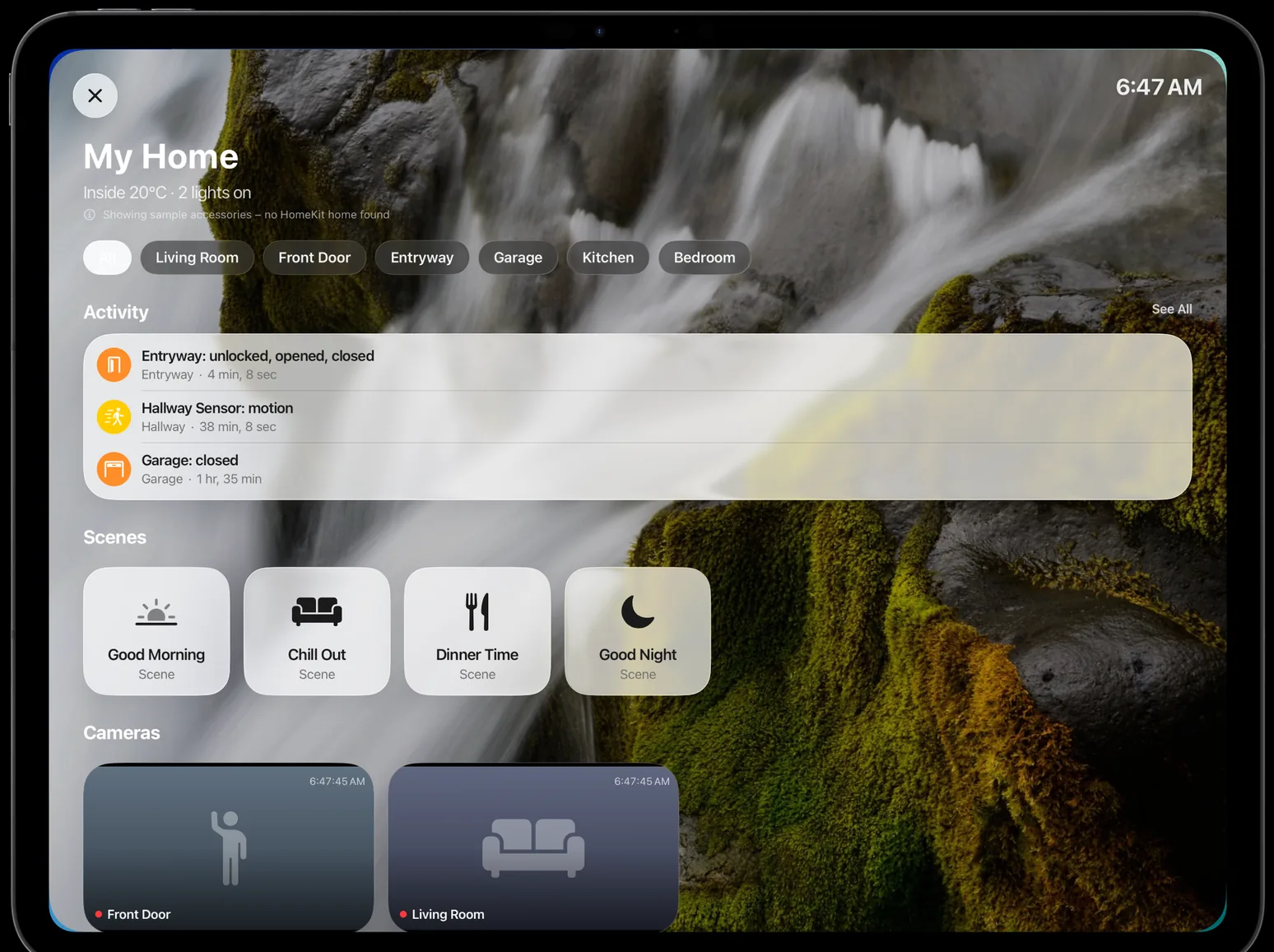 The Home app showing recent activity for the entryway, hallway and garage