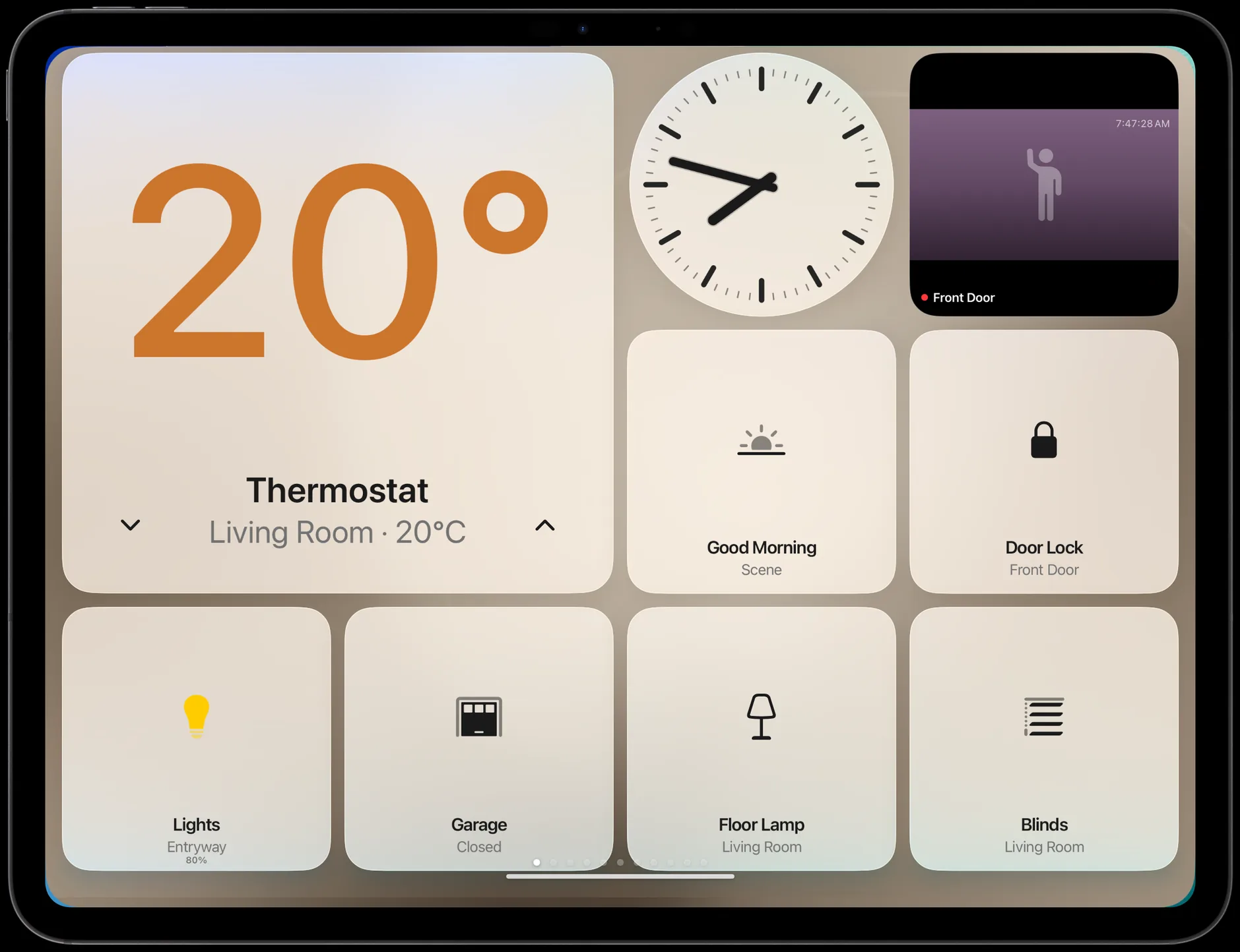 The glass dashboard showing a thermostat, scenes, a door lock and lights