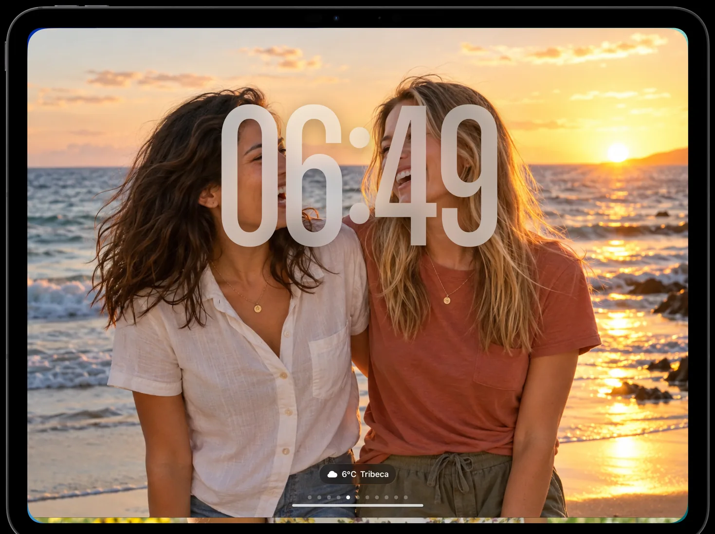 A photo face with the clock behind two people on a beach