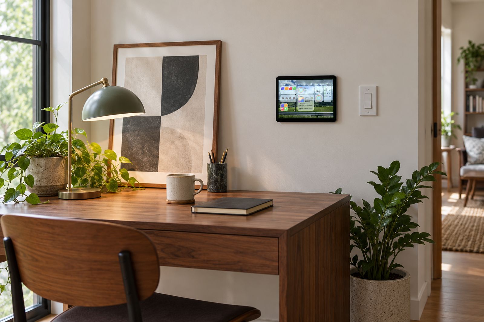 Home office with the iPad mounted above the desk showing the Home Screen
